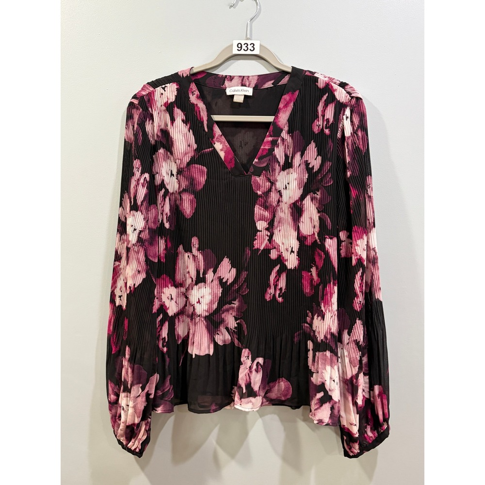 Calvin Klein Women XL Black Purple Floral Pleated V-Neck Blouse Long Sleeve Top